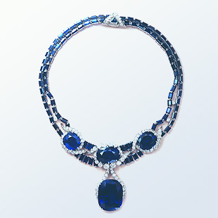 Florence Gould's necklace featuring the 114-carat "Blue Princess" sapphire designed by Van Cleef & Arpels.